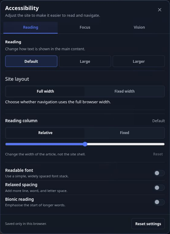 The open accessibility menu showing the complete Reading panel, including layout, reading column, font, spacing, and bionic reading controls