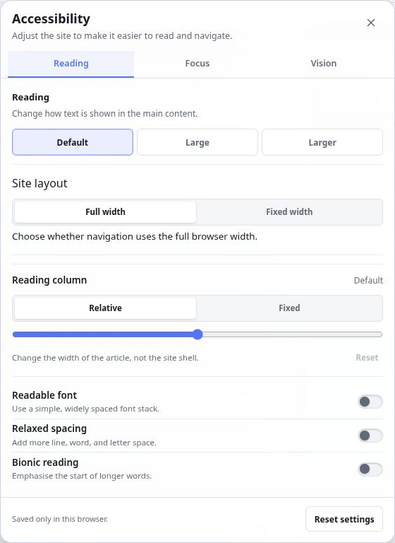 The open accessibility menu showing the complete Reading panel, including layout, reading column, font, spacing, and bionic reading controls