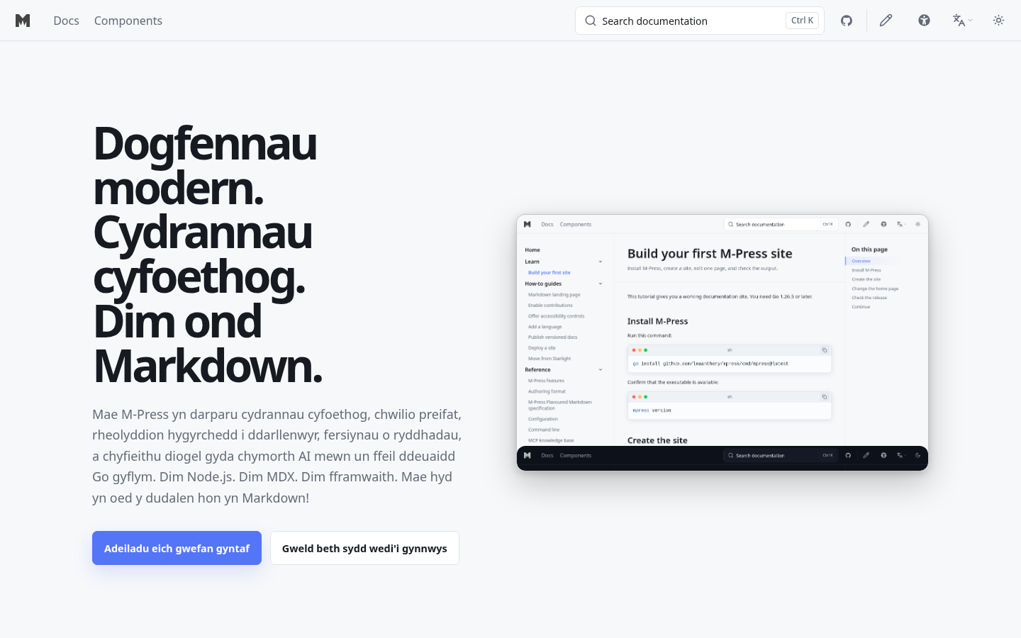 The Cymraeg translation of an M-Press documentation site with language and version controls